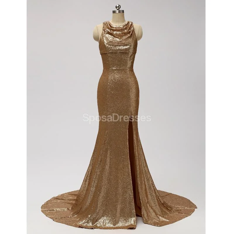 Gold Sequin See Through Halter Mermaid Long  Bridesmaid Dresses Online, WG598