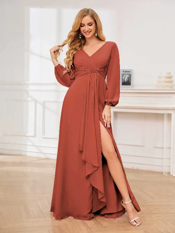 Hanna Elegant V Neck Ruched Long Sleeves Chiffon Bridesmaid Dresses