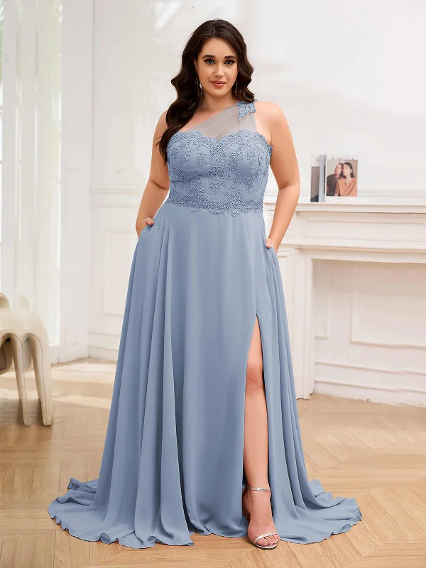 Imani Graceful One Shoulder Slit Long Chiffon Plus Size Bridesmaid Dresses