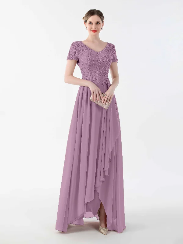 Journee Delicate V Neck High Low Chiffon Lace Mother Of The Bride Dresses