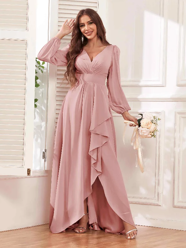 Julianna Modest V Neck Long Sleeves Ruffles Chiffon Bridesmaid Dresses