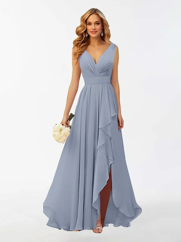 Kamila Elegant V Neck Ruffles Long Chiffon Bridesmaid Dresses