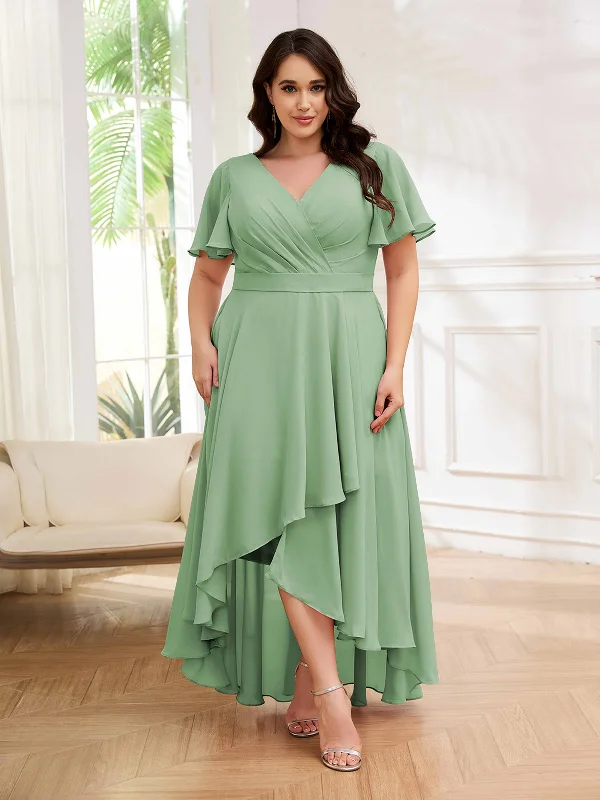 Katalina Flowing V-Neck Short Sleeves High Low Chiffon Plus Size Bridesmaid Dresses