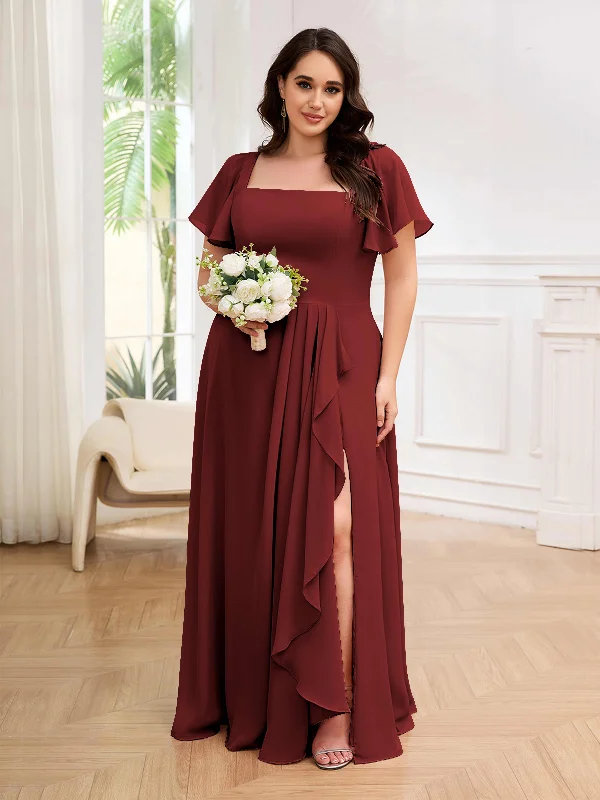 Katie Modest Square Short Sleeves Chiffon Plus Size Bridesmaid Dresses