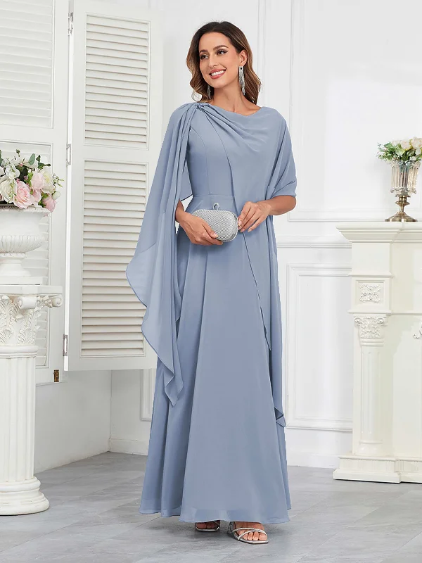 Kennedi Modest A-Line Scoop Cape Sleeves Long Chiffon Mother of the Bride & Groom Dresses