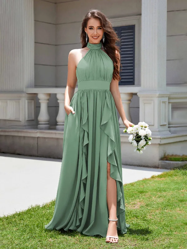 Kenzie Elegant Halter Ruched Floor Length Long Chiffon Bridesmaid Dresses