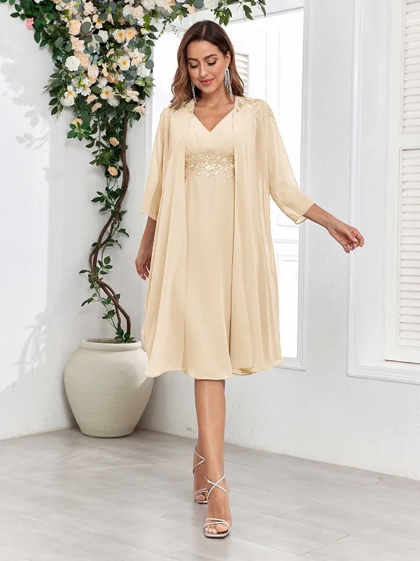 Kinley Charming V Neck Two-Pieces Appliques Knee Length Chiffon Mother Of The Bride Dresses