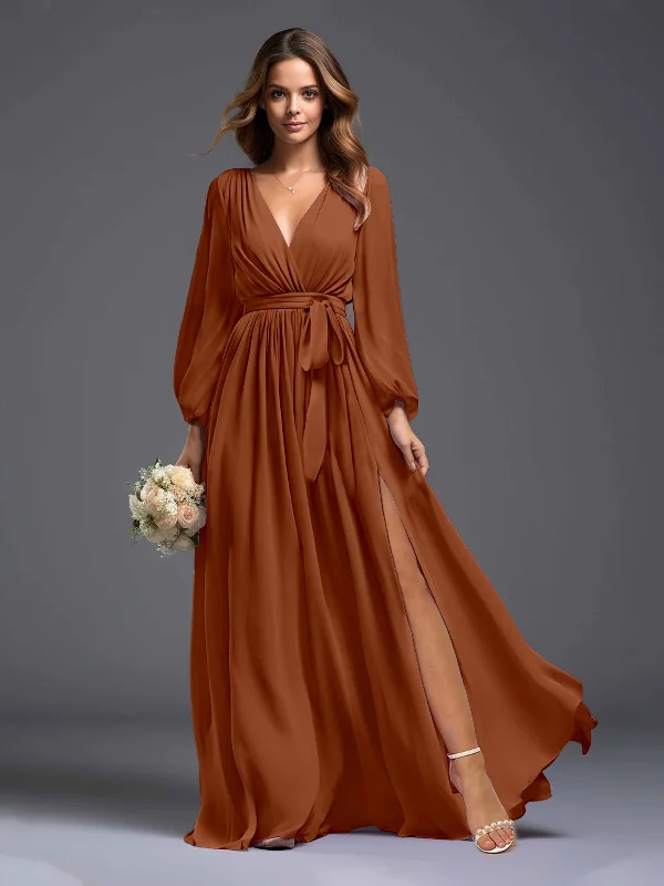 Leila Charming Long Sleeves Slit Chiffon Dresses