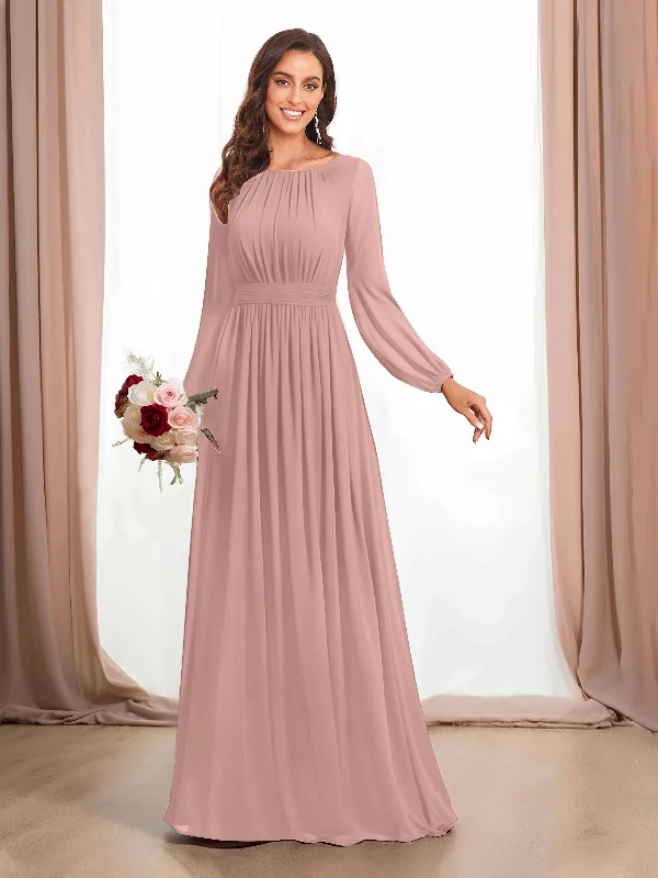 Lila Charming Long Sleeves Floor Length Chiffon Bridesmaid Dresses