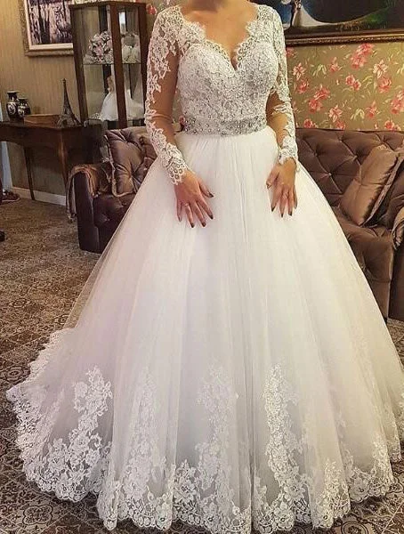 Long Sleeves V Neck Wedding Dresses Bridal Gowns with Appliques