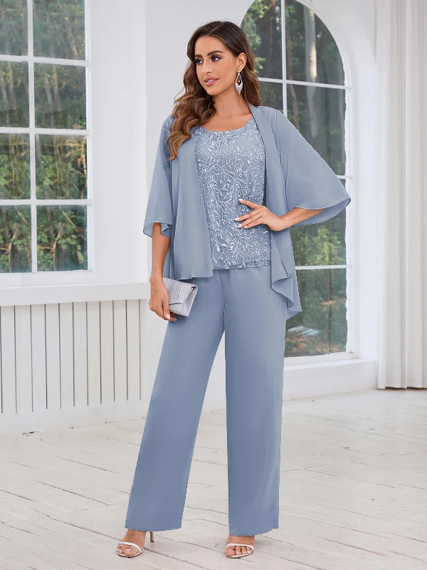 Lorelai Stylish Scoop Three Pieces Sequins Chiffon Mother of the Bride Jumpsuit/Pantsuit