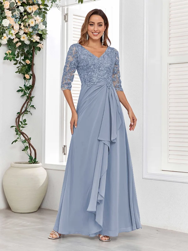 Mae Graceful V Neck Half Sleeves Lace Appliques Long Chiffon Mother Of The Bride Dresses