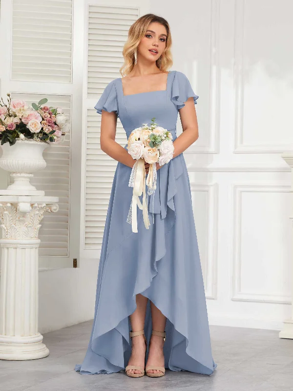 Makenna Dreamy Square Short Sleeves High Low Chiffon Bridesmaid Dresses