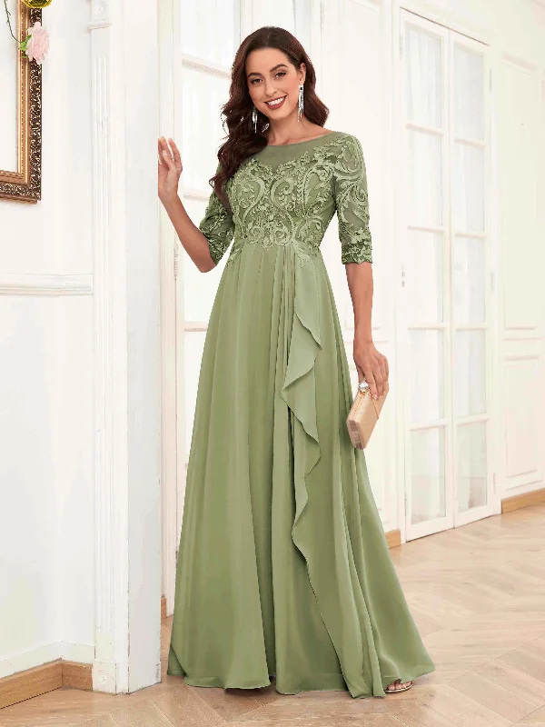 Malia Trendy Illusion Half Sleeves Appliques Chiffon Mother Of The Bride Dresses