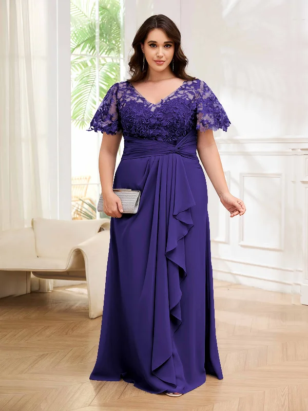 Mara Elegant V Neck Lace Ruffles Plus Size Mother of the Bride Dresses