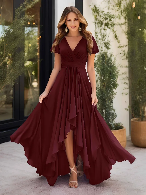 Marley Soft Ruched Short Sleeves High Low Chiffon Bridesmaid Dresses