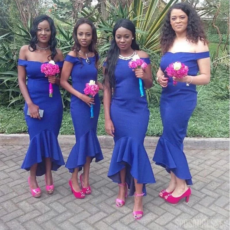 Mermaid Off The Shoulder Royal Blue Short Bridesmaid Dresses Online, WG872