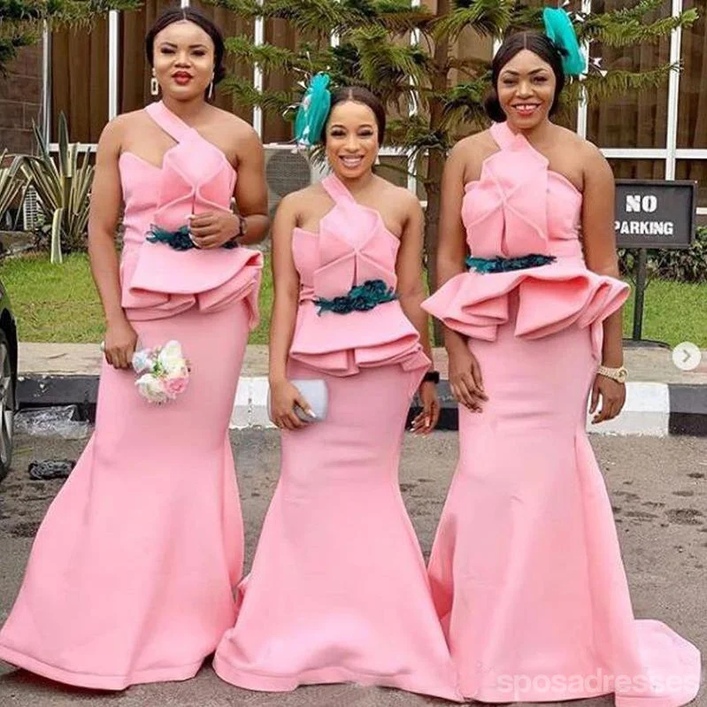 Mermaid One Shoulder Sleeveless Pink Long Bridesmaid Dresses Online, WG904