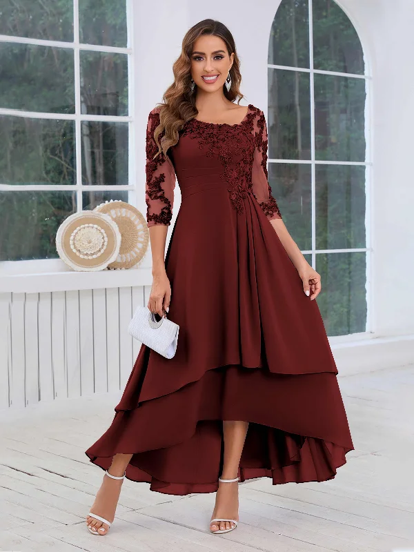 Mylah A-Line Half Sleeves Lace Appliques High Low Chiffon Mother Of The Bride Dresses