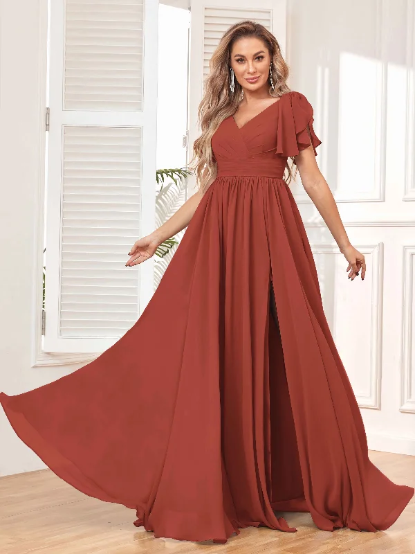 Natalie A-Line Short Sleeves Ruched Chiffon Bridesmaid Dresses