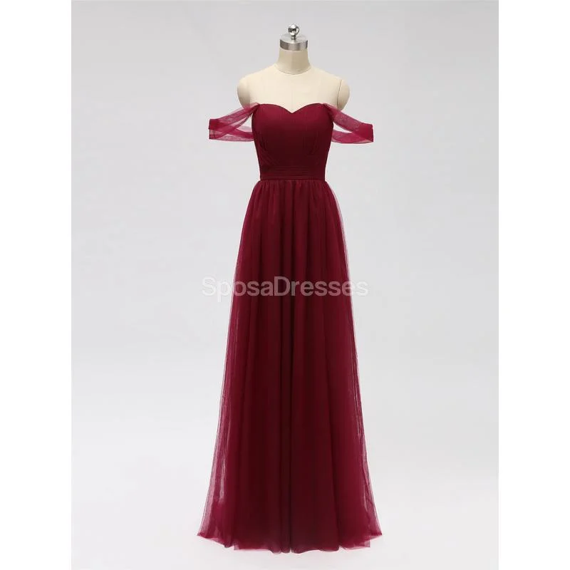 Off Shoulder Floor Length Dark Red Tulle Cheap Bridesmaid Dresses Online, WG589