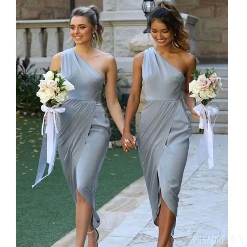 One Shoulder Grey Short Bridesmaid Dresses, Cheap Bridesmaids Dresses, WG739