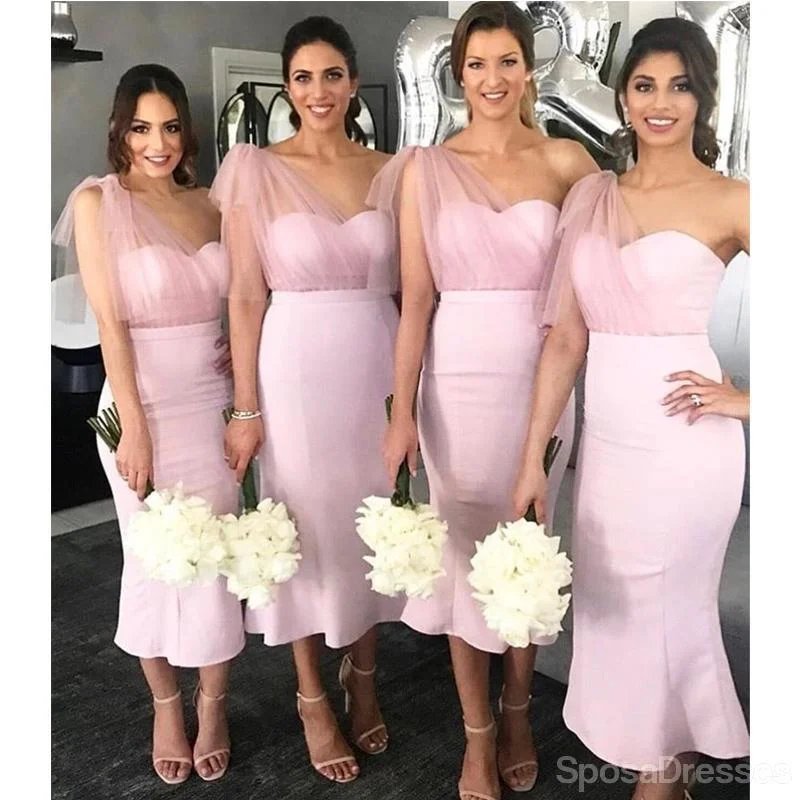 One Shoulder Pink Mermaid Short Cheap Bridesmaid Dresses Online, WG654