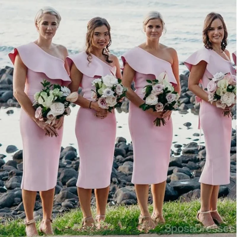 One Shoulder Pink Short Cheap Bridesmaid Dresses Online, WG674