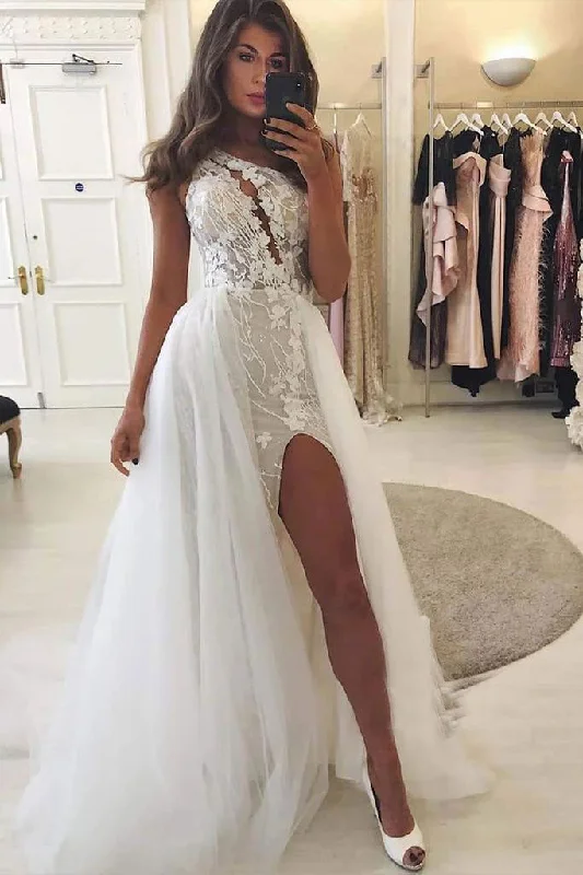 One Shoulder Slit Side Wedding Dresses Bridal Gown with Appliques Lace