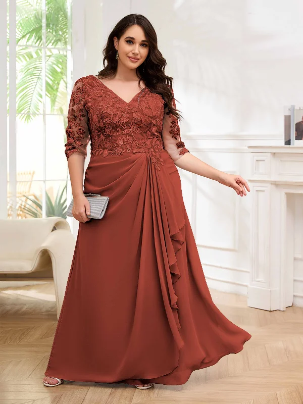 Opal Charming V Neck Lace Appliques Chiffon Plus Size Mother of the Bride Dresses