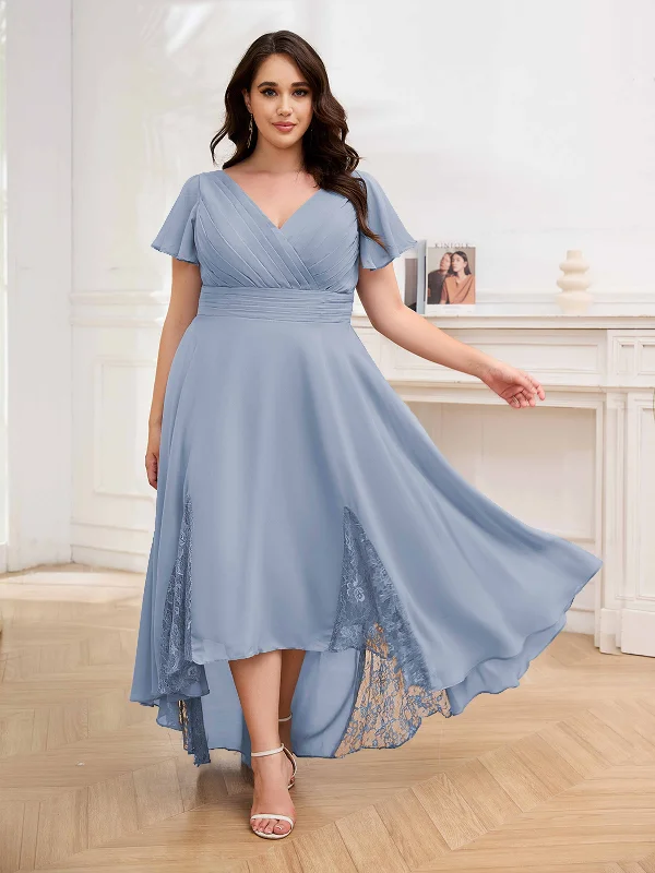 Remy Elegant V Neck Short Sleeves Lace Chiffon Plus Size Mother of the Bride Dresses