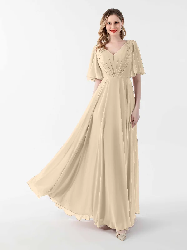 Sara Modest V Neck Short Sleeves Chiffon Mother Of The Bride Dresses