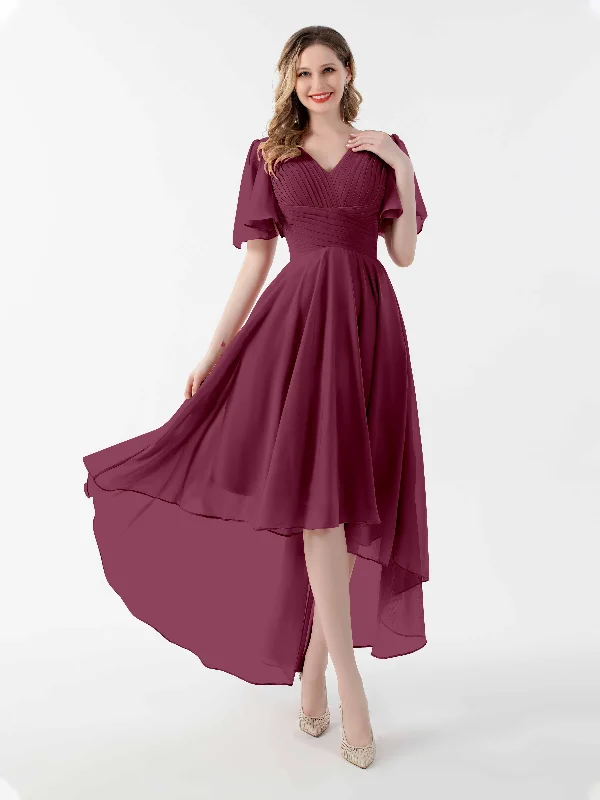 Selena Flattering A-Line V Neck High Low Chiffon Bridesmaid Dresses