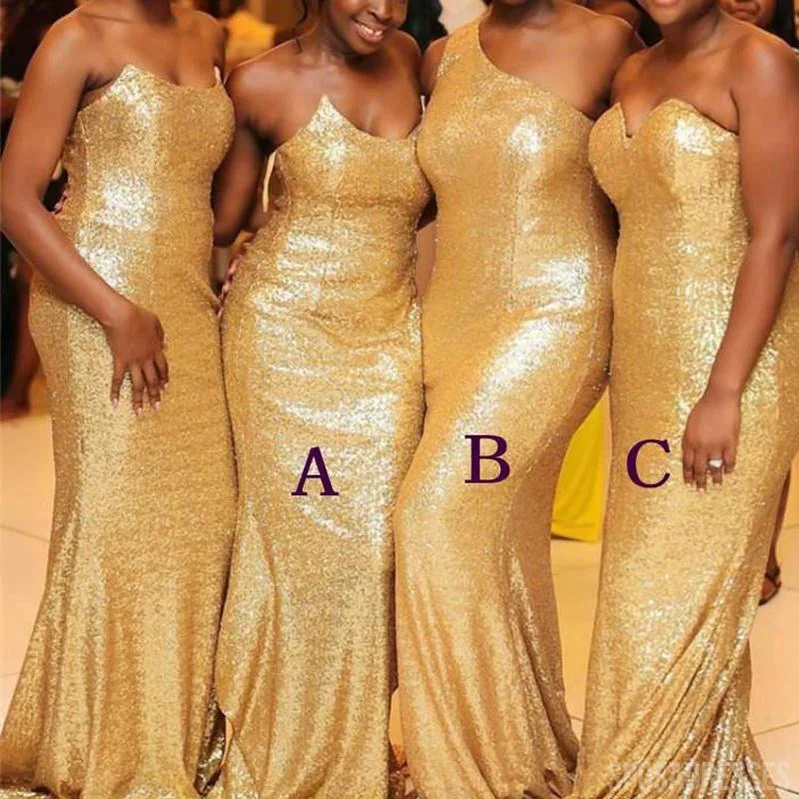 Sexy Mermaid Sleeveless Gold Sequin Long Bridesmaid Dresses Online, WG888