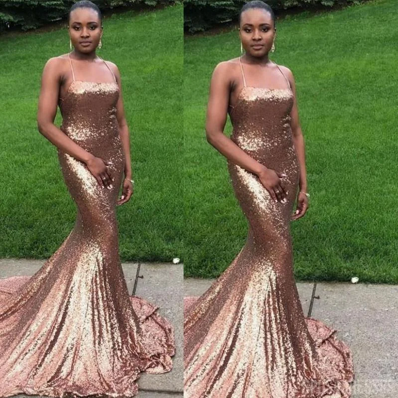 Sexy Mermaid Sleeveless Halter Gold Sequin Long Bridesmaid Dresses Online, WG886