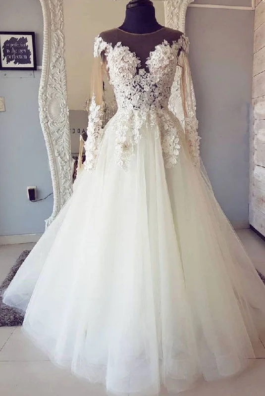 Sheer Neck Tulle Long Sleeves Wedding Dresses Bridal Gowns with Appliques