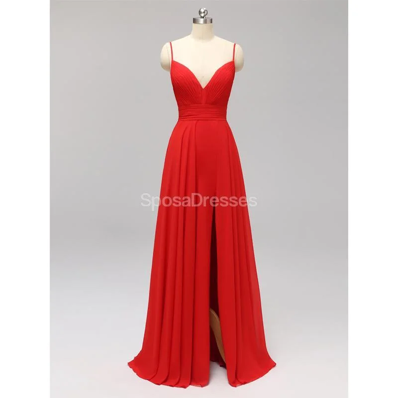 Side Slit Spaghetti Straps Red Chiffon Long Cheap Bridesmaid Dresses Online, WG592