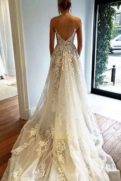 Spaghetti Straps Tulle Wedding Dresses Bridal Gowns with Appliques Lace