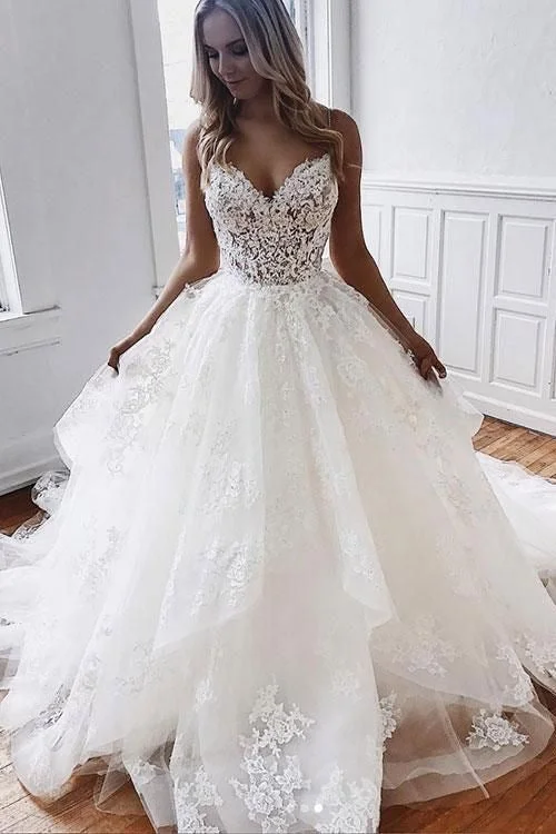 Spaghetti Straps Wedding Dresses with Appliques Lace