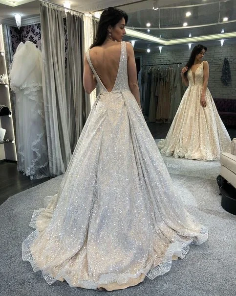 Sparkly Deep V Neck Wedding Dresses Bridal Gowns