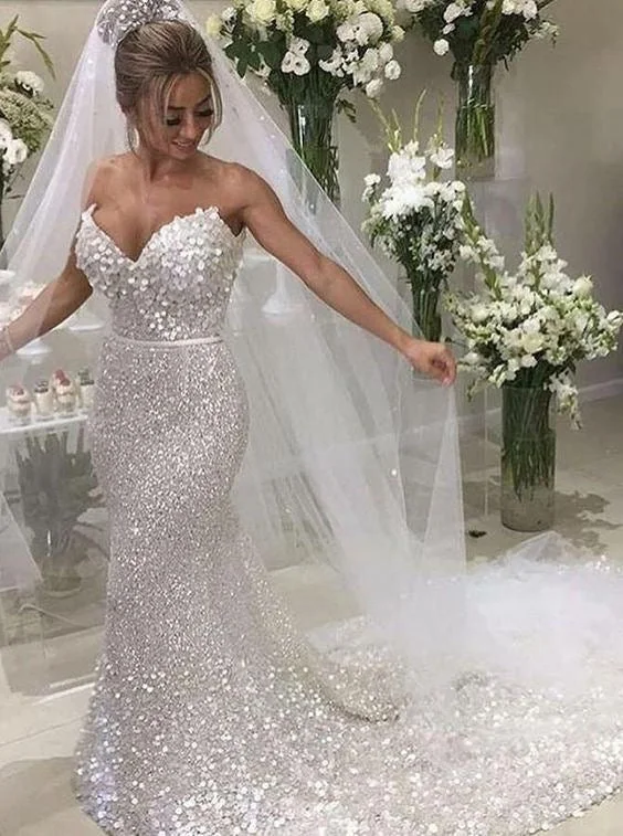 Sparkly Mermaid Wedding Dresses Bridal Gowns with Flowers