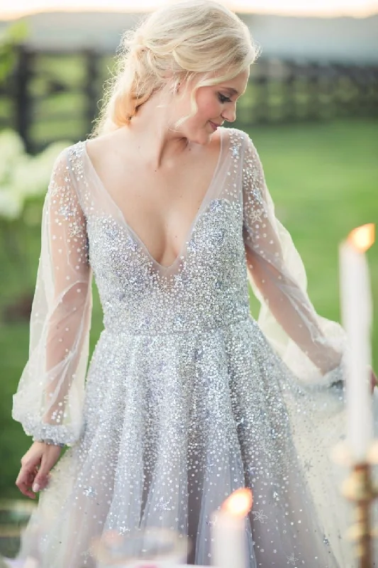 Sparkly V Neck Wedding Dresses Bridal Gown with Sleeves