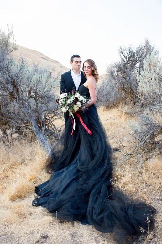 Strapless Tulle Black Wedding Dresses Bridal Gowns