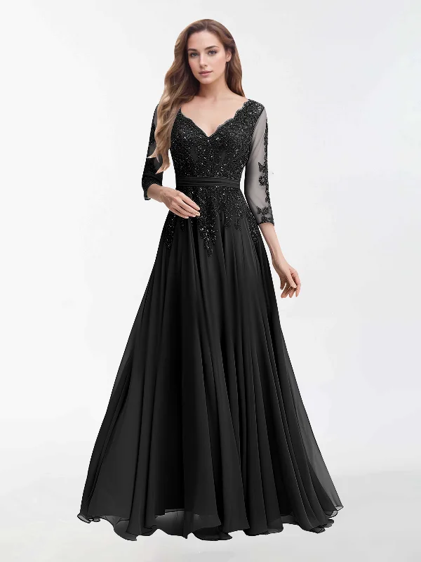 Sutton Stylish V Neck Sleeves Long Chiffon Mother Of The Bride Dresses