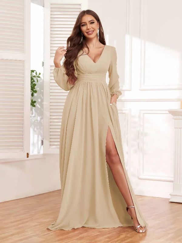 Trinity Modest Long Sleeves Slit Long Chiffon Bridesmaid Dresses