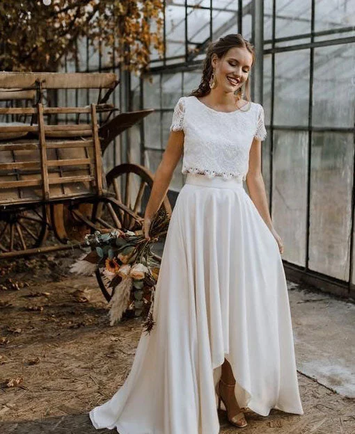 Two Piece Wedding Dresses Bridal Gown Top with Short Sleeves