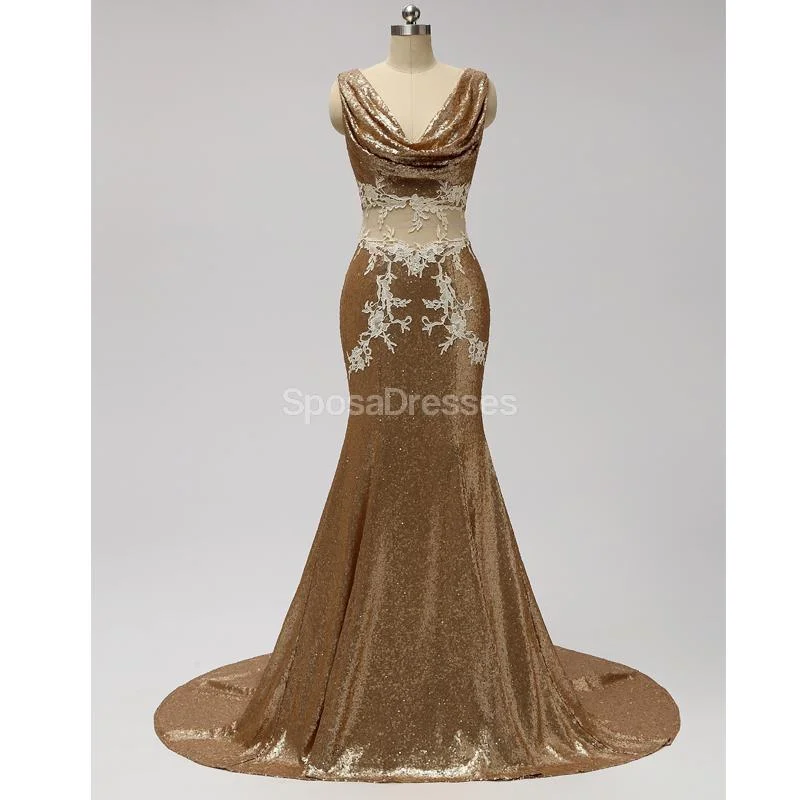 V Neck See Through Gold Sequin Mermaid Cheap Bridesmaid Dresses Online, WG599