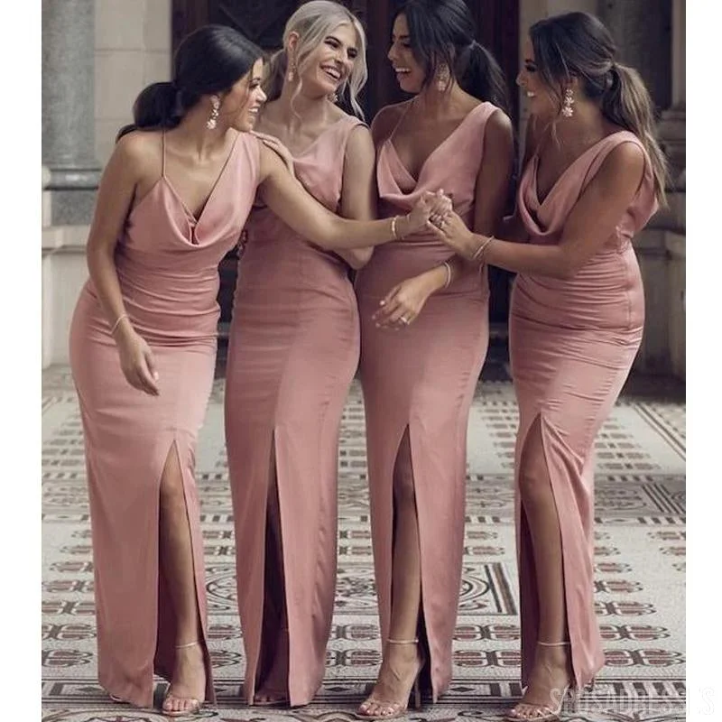 V neck Side Slit Mermaid Dusty Pink Long Bridesmaid Dresses Online,  WG746