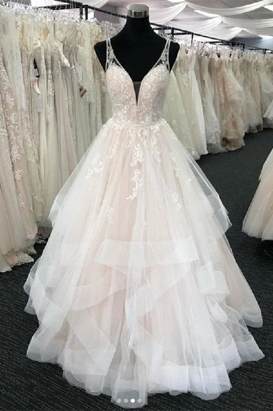 V Neck Tulle Wedding Dresses Bridal Gowns with Appliques