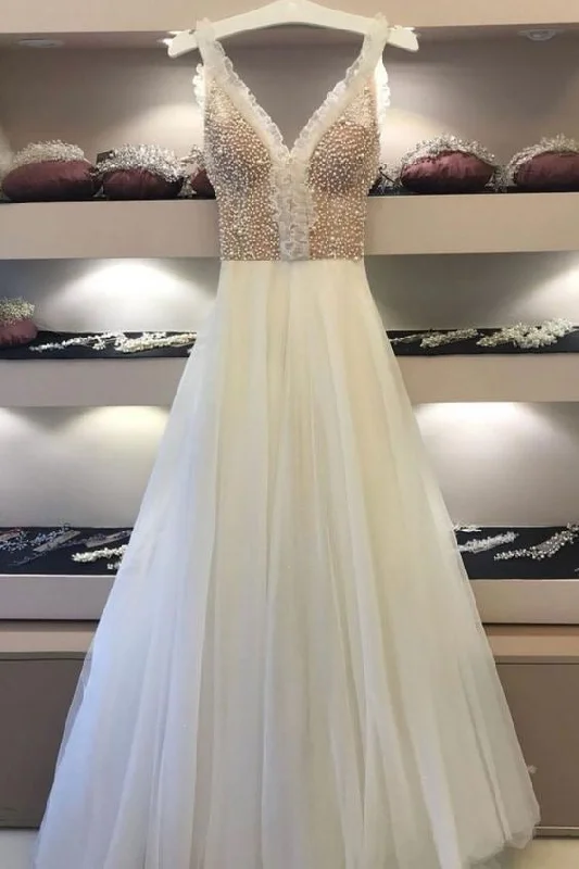 V Neck Tulle Wedding Dresses with Pearls Bridal Gowns